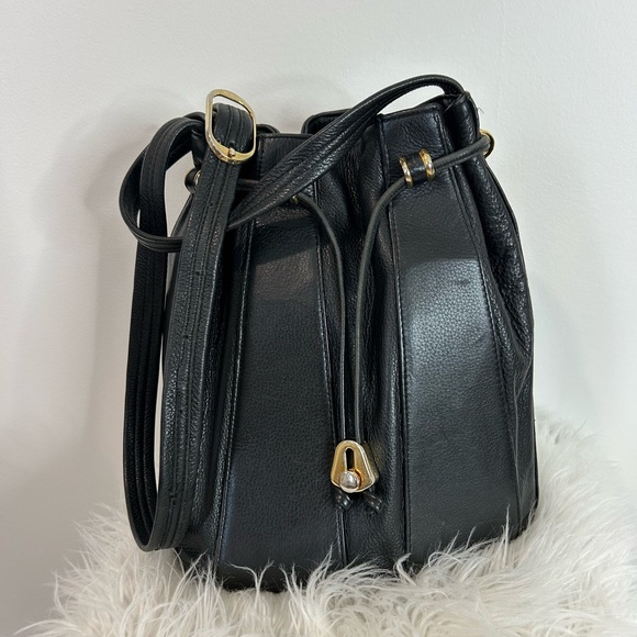 Genuine Leather Handbags - Chic Black Leather Bucket Bag with Gold Accents❤️